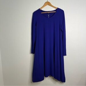 NWT Eileen Fisher Viscose Jersey Dress Blue Long Sleeve Scoop Neck Size L